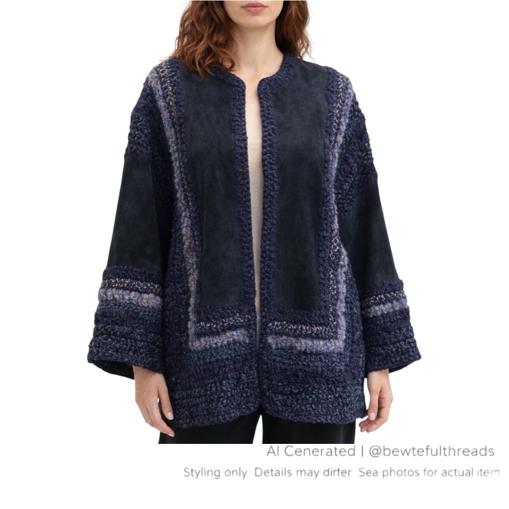 Textured Wool Mohair Knit & Suede Jacket Oversized Lagenlook Art-to-Wear XL